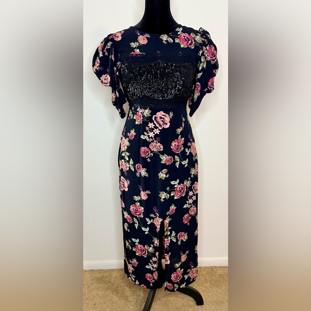 Top Shop Y2K romantic floral rose lace sequins dress short melon sleeve 4 EUC